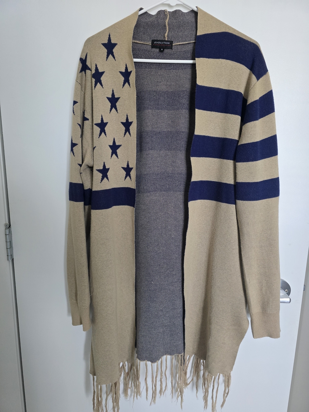 Evolution Beige and Navy Star-Stripe Open Cardigan with Fringe